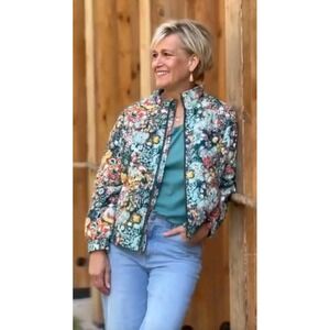 NEW! Christopher & Banks Women's Floral Full Zip Quilted ‎ Jacket Teal Size XL